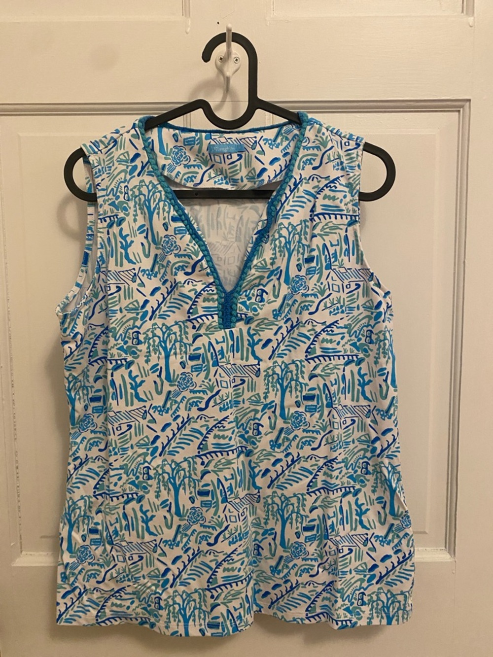 J. McLaughlin Women’s Sleeveless Blue & Teal Printed V-Neck Tank Beach Resort M